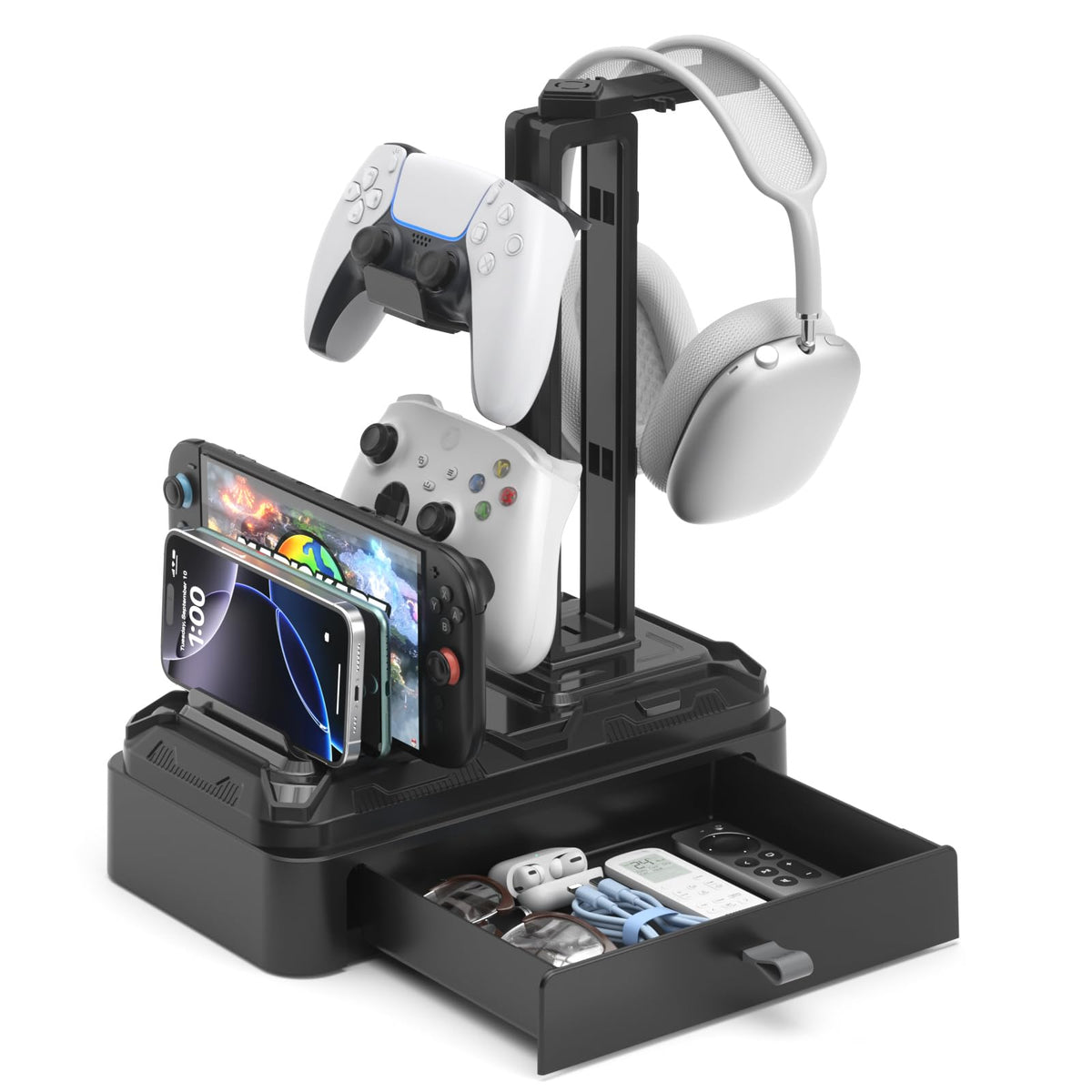 Rotating Headset Stand with Storage Drawer