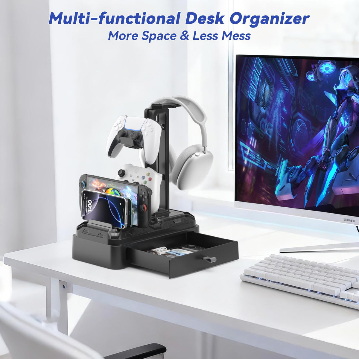 Rotating Headset Stand with Storage Drawer