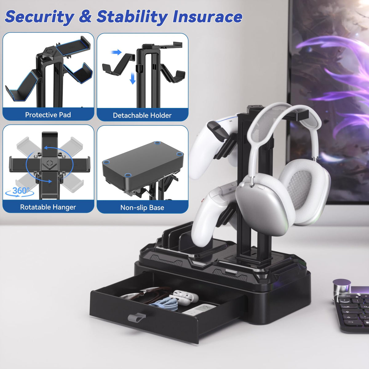 Rotating Headset Stand with Storage Drawer