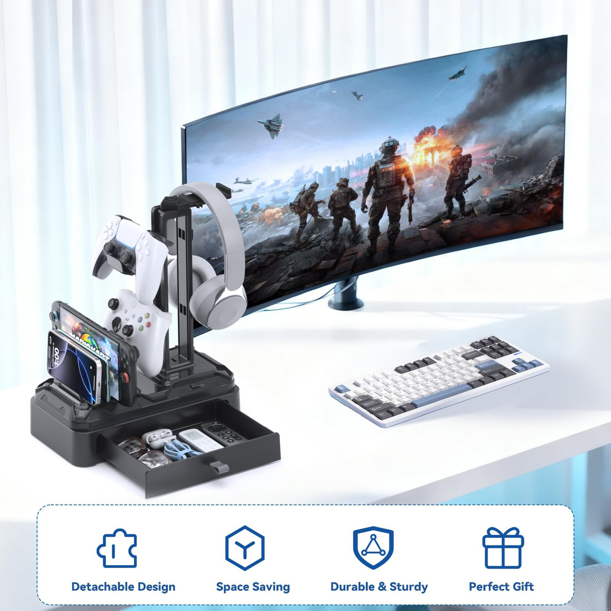 Rotating Headset Stand with Storage Drawer