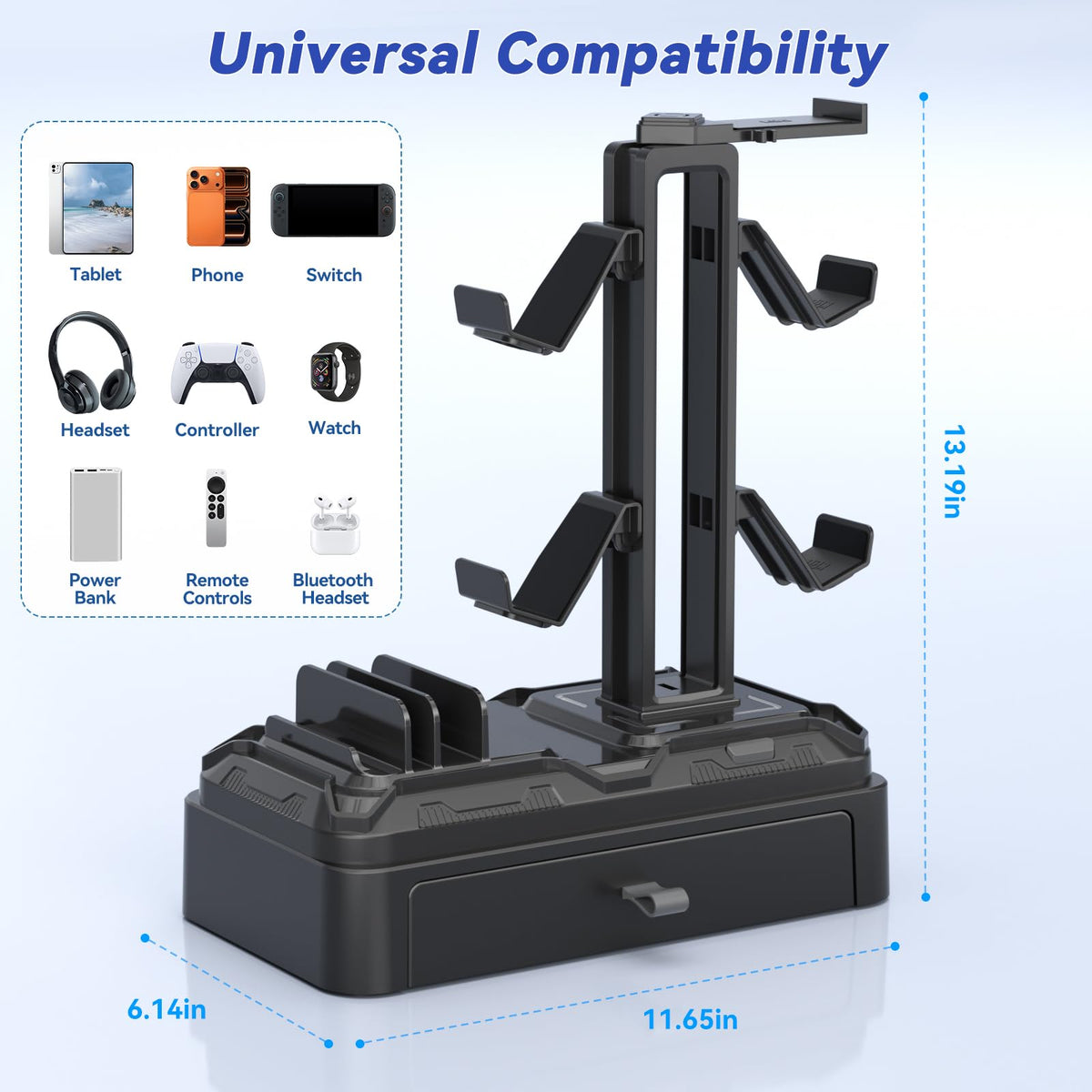 Rotating Headset Stand with Storage Drawer