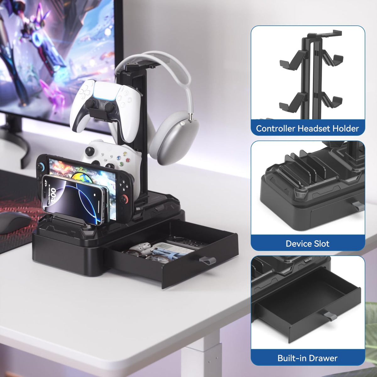 Rotating Headset Stand with Storage Drawer