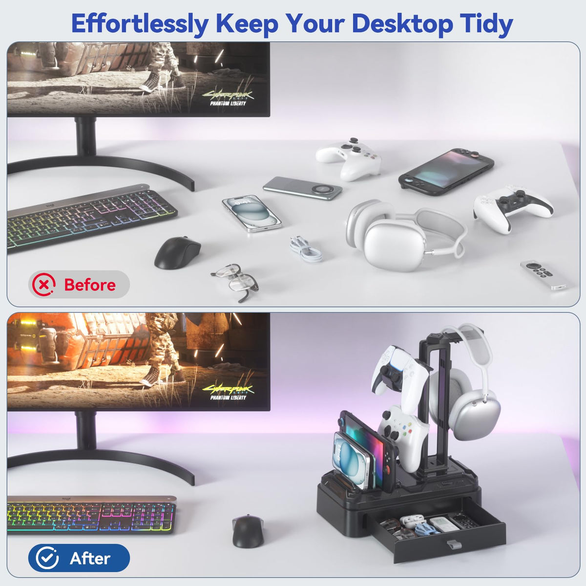 Rotating Headset Stand with Storage Drawer